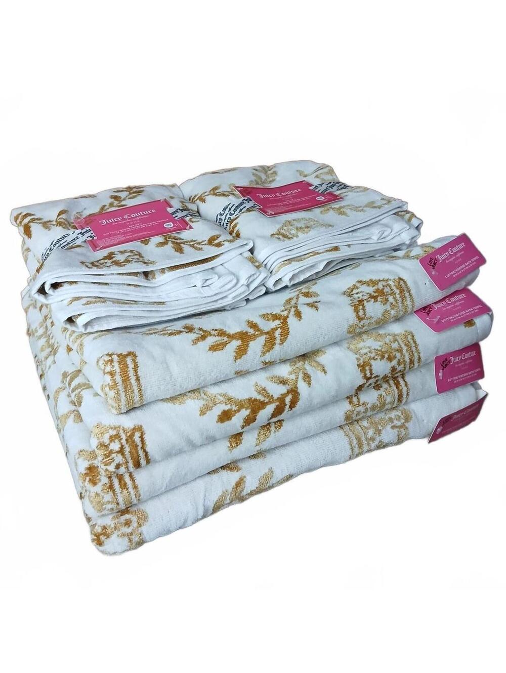 Juicy Couture 8pc Towel Set Crown Bath Towels Hand Towels White Gold NWT